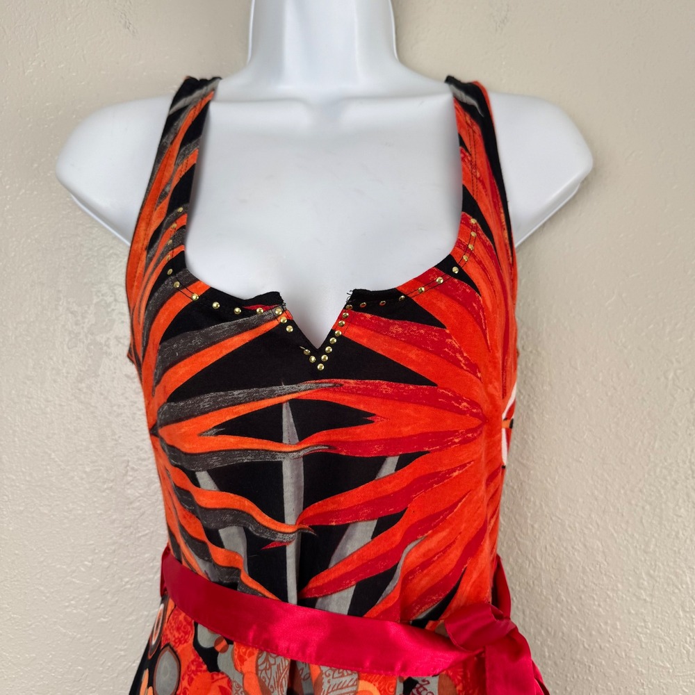 Desigual Geometric Studded A-Line Dress Orange Red Black Sleeveless tie M - Picture 3 of 9